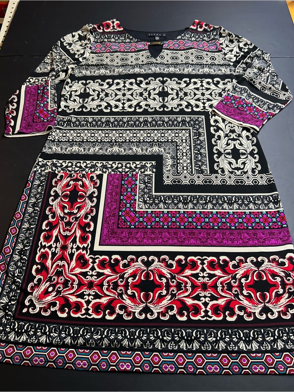 Tiana B. Black Mini Dress with Pink & Red Ornamental Print, Size Large